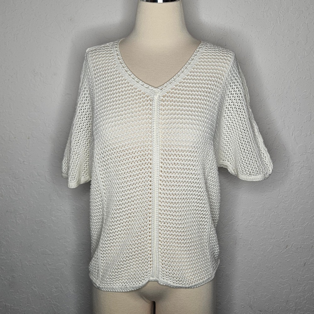 Liz Claiborne Petite White Open Knit Cotton Sweater Top V-Neck‎ Short Sleeve PM